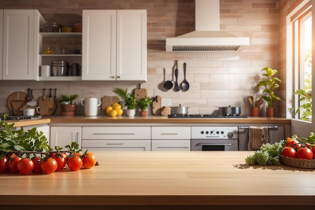 table vide floue fond de cuisine moderne