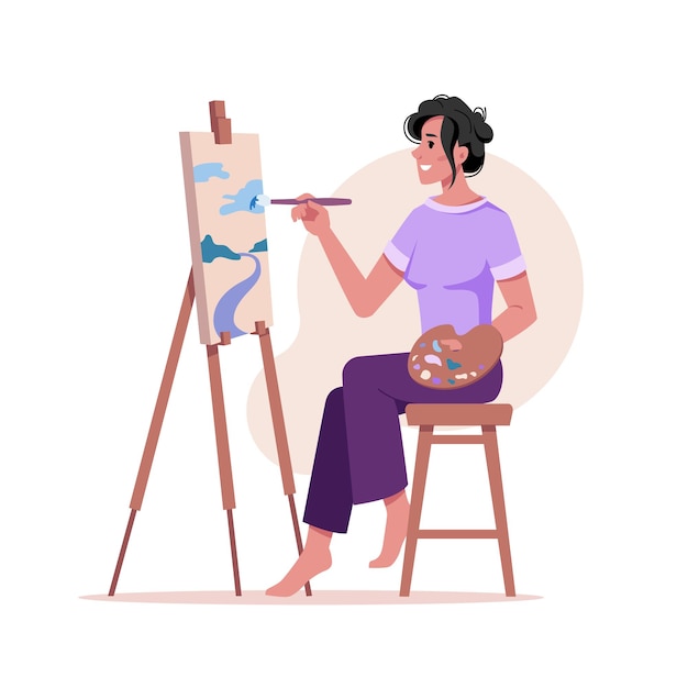 L'artiste vectoriel peint une image sur un chevalet femme isolée avec un pinceau dessinant sur un trépied sur un papier plat isolé