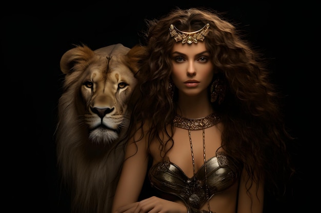 Signe du zodiaque du Lion en tant que femme fille avec des bijoux en or et des cheveux comme un lion