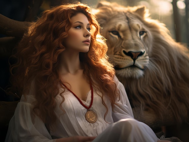 une femme aux longs cheveux rouges assise à côté d'un lion