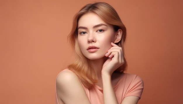 Femme avec une peau belle et saine touchant son visage après avoir utilisé des produits cosmétiques