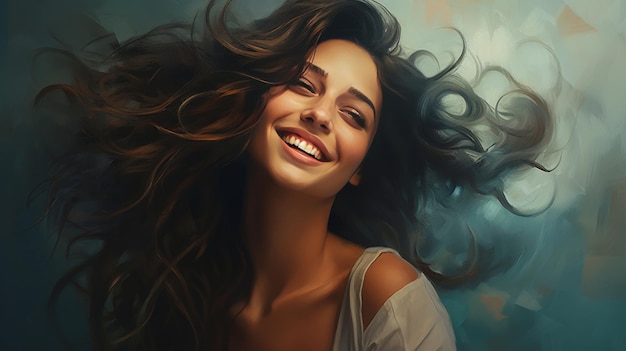 Une femme aux cheveux flottants pris dans le vent représentée dans un tableau fascinant